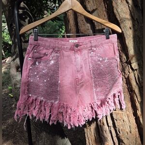 POL Boho Pink Fringed Denim Shorts with Sequins